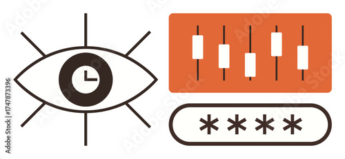 Eye with clock symbolizing time tracking, adjustment sliders for control settings, and password field for security. Ideal for privacy, monitoring, analytics, cybersecurity, data protection