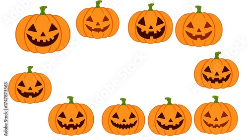 Halloween pumpkins arranged in a circular frame with carved faces
