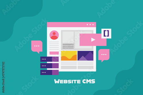 Website CMS software managing website content, CMS software installed in web server running website securely, CMS website development concept.