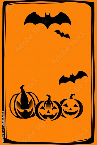 Halloween background with smiling pumpkins and flying bats on orange background