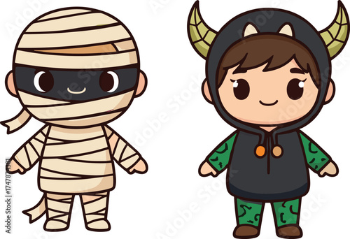 Cartoon children in Halloween costumes, festive vector illustration featuring mummy and monster outfits for spooky celebration, dress-up, and seasonal fun themes