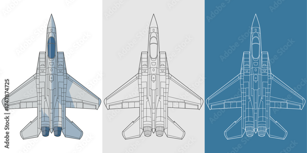 Φωτογραφία Set f 15 military aircraft design in blueprint, lineart and colored style from top view