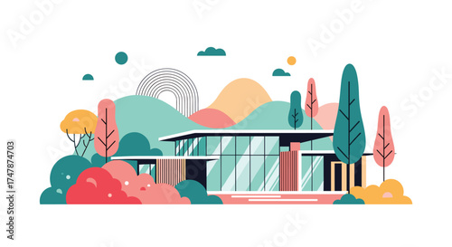 A vibrant modernist architectural villa nestled amidst rolling hills and colorful foliage.