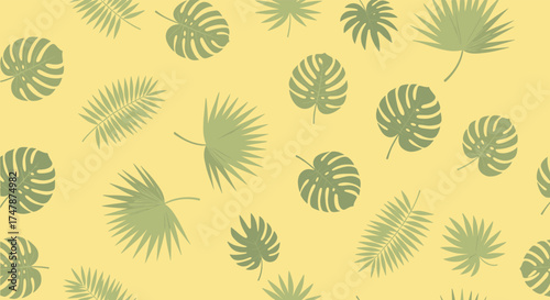 A visually pleasing pattern of assorted green tropical palm leaves scattered across a soft yellow background.