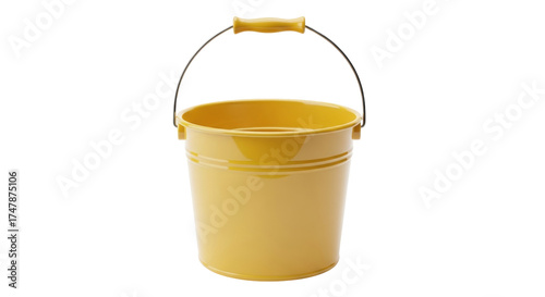 Isolated yellow bucket container, pail with handle. Useful for cleaning, gardening or storage