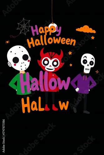 Three cute cartoon characters celebrating happy halloween with text