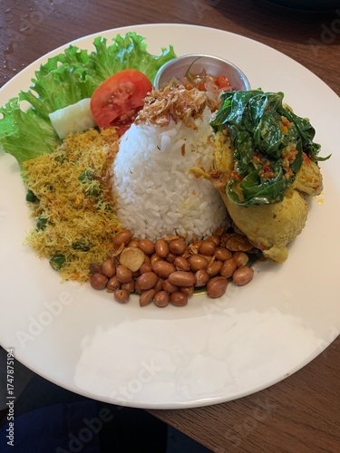 Balinese dish served on white plate featuring Bebek Betutu roast duck, accompanied by amound of rice topped with fried shallots. includes sauteed greens contain grated coconut, roasted peanuts, salad.