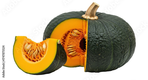 Isolated kabocha squash with slice on a plain background ready for culinary use. Food, healthy