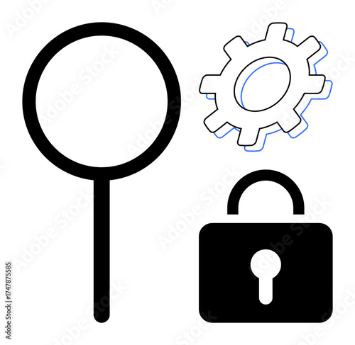 Magnifying glass, gear, and padlock emphasizing exploration, privacy, functionality, and safety. Ideal for technology, optimization, cybersecurity problem-solving search algorithms secure systems