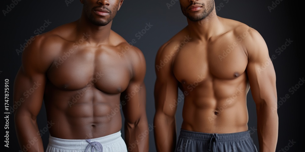 Fototapeta premium Two african male adults showcasing muscular physique in dark room