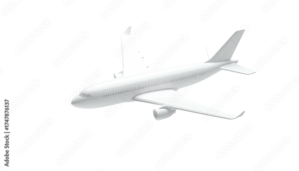 Fototapeta premium Rendered white passenger airplane in flight against a stark black background