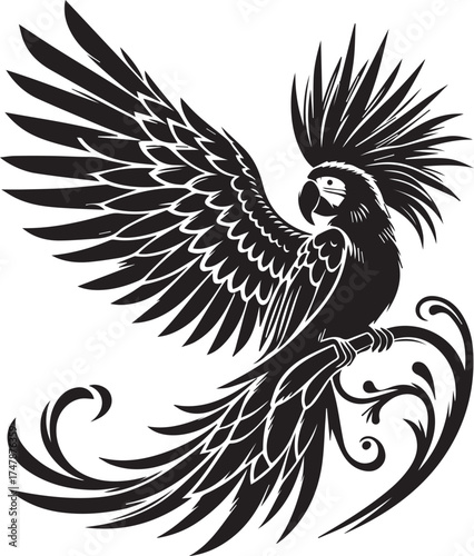 Striking cockatoo with elegant feather display perched on decorative branch design