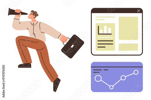 Man holding a briefcase and looking through a telescope alongside bar charts and line graphs. Ideal for business strategy, data analysis, goal setting, career growth, investment, market research