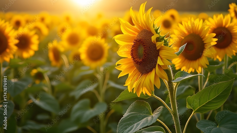 Obraz premium Vibrant Sunflowers Field at Golden Hour Sunrise