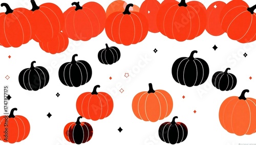 Whimsical halloween pattern with orange and black pumpkins on white background