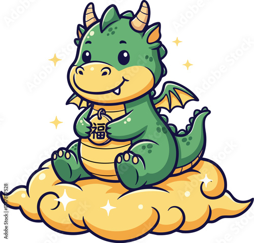 Cute Cartoon Dragon Sitting on Cloud Holding Lucky Charm.
