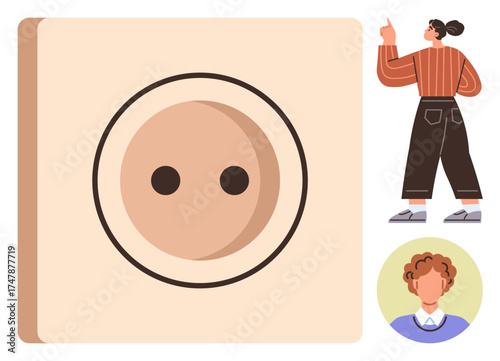 Electrical socket with two holes, side view of a woman pointing, and a male portrait. Ideal for safety, energy, technology, communication, home, awareness simple flat metaphor