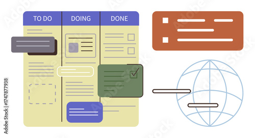 Kanban board showcasing tasks in To Do, Doing, and Done stages beside a global network and task card design. Ideal for project management, collaboration, productivity, workflow organization, team