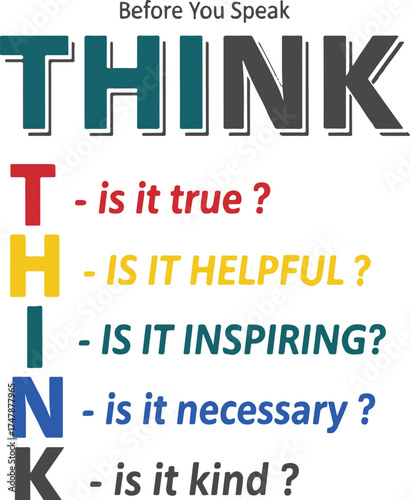 THINK acronym checklist vector for effective communication, ethics, and mindful speaking