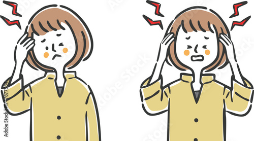 頭痛に悩む女性　上半身　ベクター

