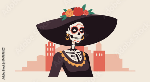 An elegant flat design illustration of La Catrina, the iconic skeletal figure of Day of the Dead, adorned with her signature hat and makeup. 