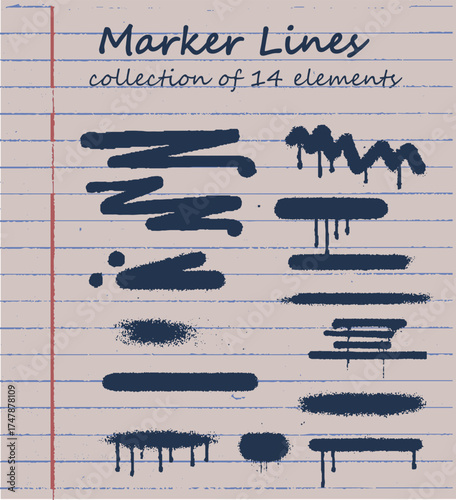 Vector illustration displays a marker lines collection with black strokes on a gray grid background, highlighting a casual, hand-drawn theme. Various shapes with a textured, spray-paint effect.