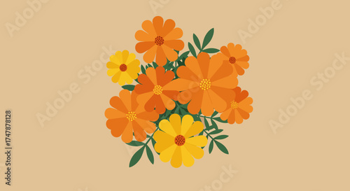 A beautiful flat design illustration of vibrant orange and yellow marigold flowers (cempasúchil), essential for guiding spirits during the Day of the Dead celebration.