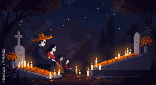 A poignant flat design illustration depicting a family reverently visiting a grave adorned with marigolds and candles in a Mexico City cemetery during Day of the Dead. 