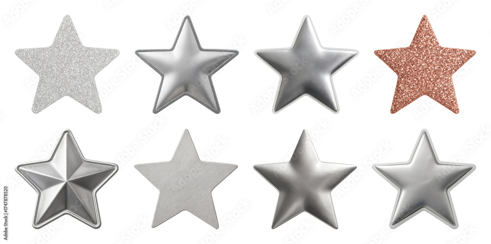 Fototapeta premium PNG Shiny metallic star decorations, element set on transparent background