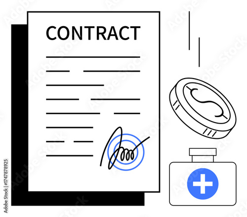 Signed legal document labeled contract alongside a falling coin and a medicine bottle with a cross. Ideal for healthcare, insurance, medical finance, agreements, legal services, savings, and policy