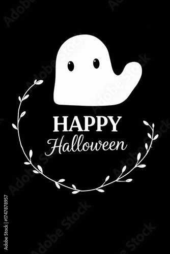 Cute white ghost with happy halloween text and floral wreath