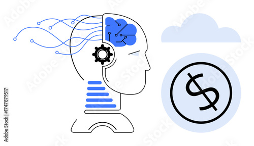 Human head with neural network and gear, dollar coin in cloud. Ideal for AI, finance, technology, innovation, economy, cloud computing future trends. A simple flat metaphor