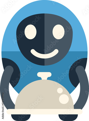Blue robot waiter carrying covered dish with dome lid, providing automated food service in restaurant setting