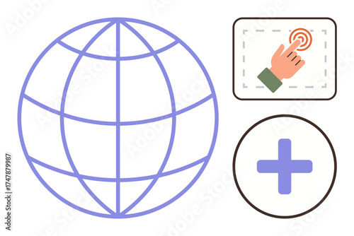 Globe grid, hand pointing at button, and plus sign representing digital accessibility, globalization, networking, collaboration, technology growth, connection, and simple flat metaphor
