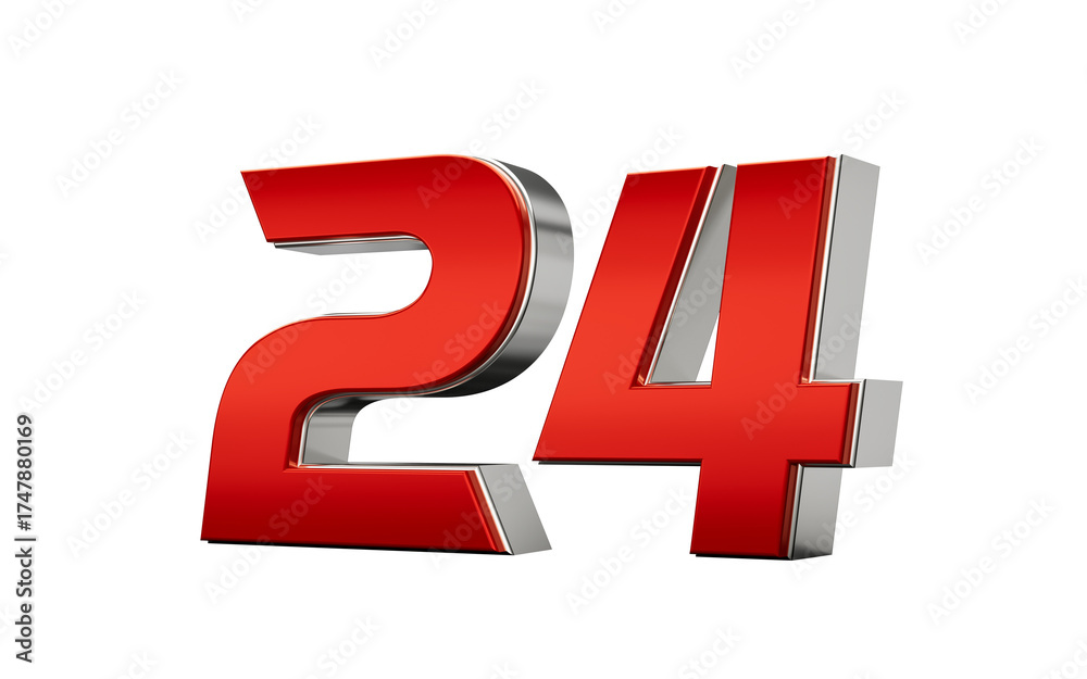 Obraz premium Metallic Red number 24 Twenty four with a glossy finish and reflective silver edges. 3d illustration