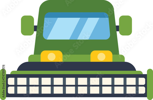 This minimalist vector illustration features a green combine harvester, emphasizing its role in modern agriculture