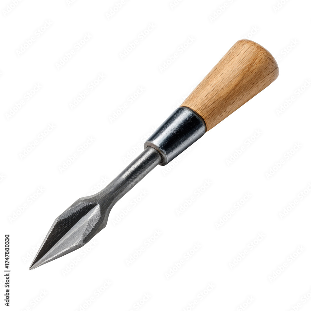 Fototapeta premium A sharp, pointed metal tool with a light wooden handle, often used for precision woodworking, leather crafting, or piercing tasks. background removed