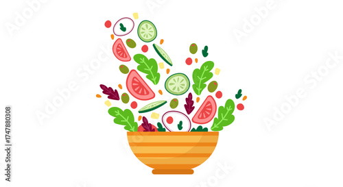 Fresh salad with tomatoes cucumbers and greens falling into a wooden bowl vector