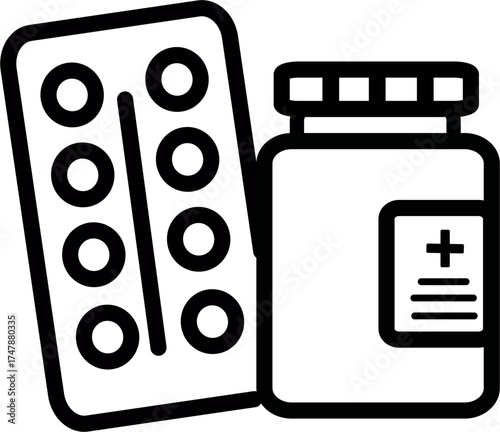 Medicine bottle and blister icon. Pharmacy icon. Health products, pharmacy symbol. Vector graphics and not Artificial Intelligence, logo illustration. Replaceable vector design.