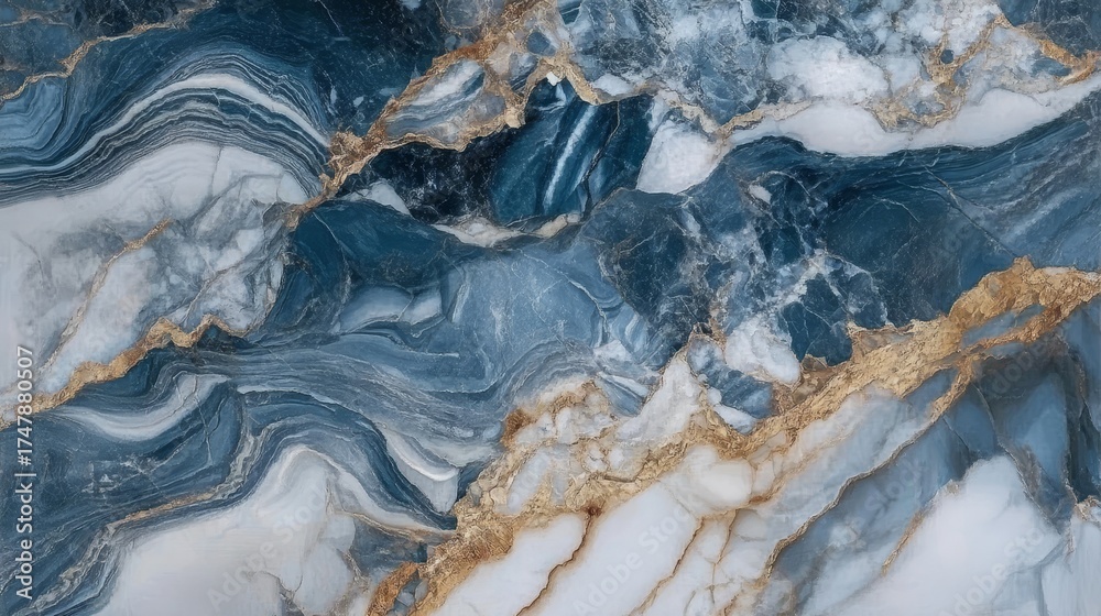 Fototapeta premium Azure-White Marble Surface with Golden Veins and Natural Texture for Modern Interior Art Design