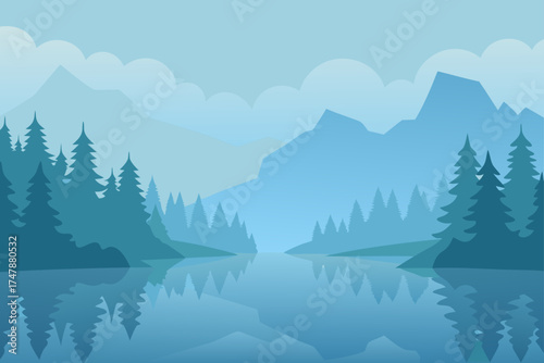 Landscape view of lake with mountains and forest