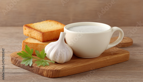 Creamy soup served with garlic and toasted bread on a wooden board.
