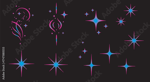 Collection of stylized stars and celestial elements in vibrant pink and blue hues