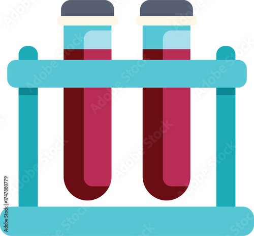 Two laboratory test tubes holding blood samples are standing in a blue support, for scientific experiments