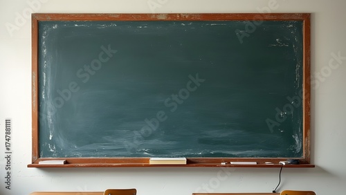 Empty Green Chalkboard in Classroom Setting