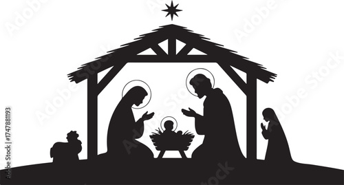 Black silhouette of a nativity scene with Mary Joseph and baby Jesus under a star lit stable christmas