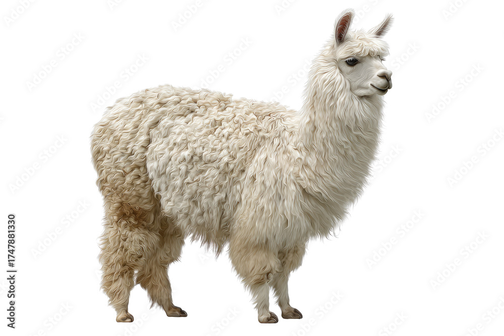 Fototapeta premium A beautiful white llama with distinctively textured, fluffy wool stands majestically against a stark, clean transparent background. background removed