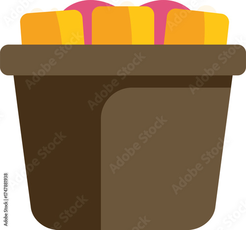 Brown paper bucket overflowing with popcorn and dripping with melted butter