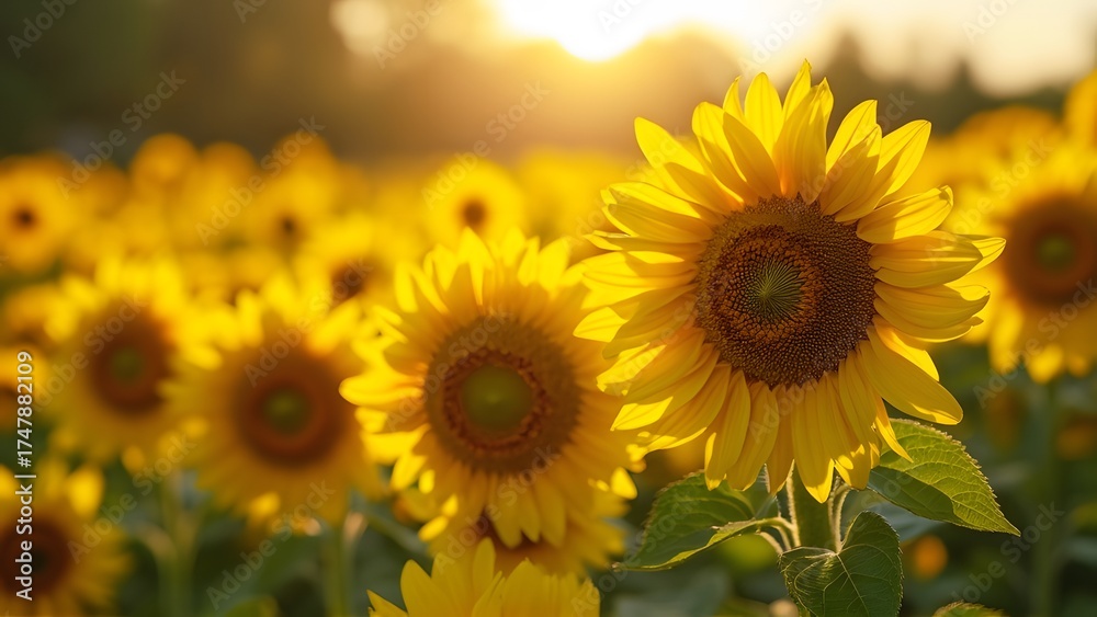 Fototapeta premium Vibrant Sunflower Field at Sunset Golden Hour Photography