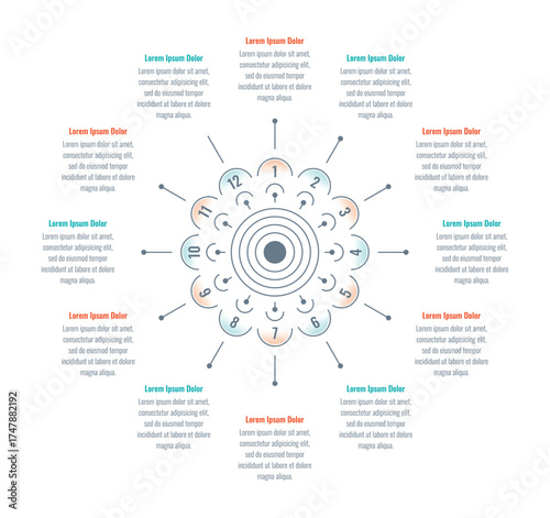 Infographic template for technology, business, education, industry, and business. Twelve steps informational template. Infographic template for annual report, magazine, catalog